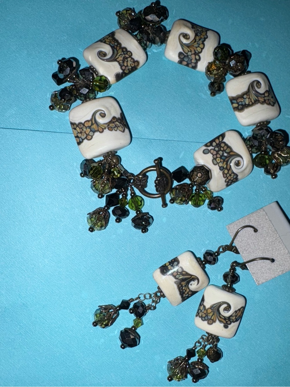 Hand painted White & brown  Bead Bracelet & Earring Set